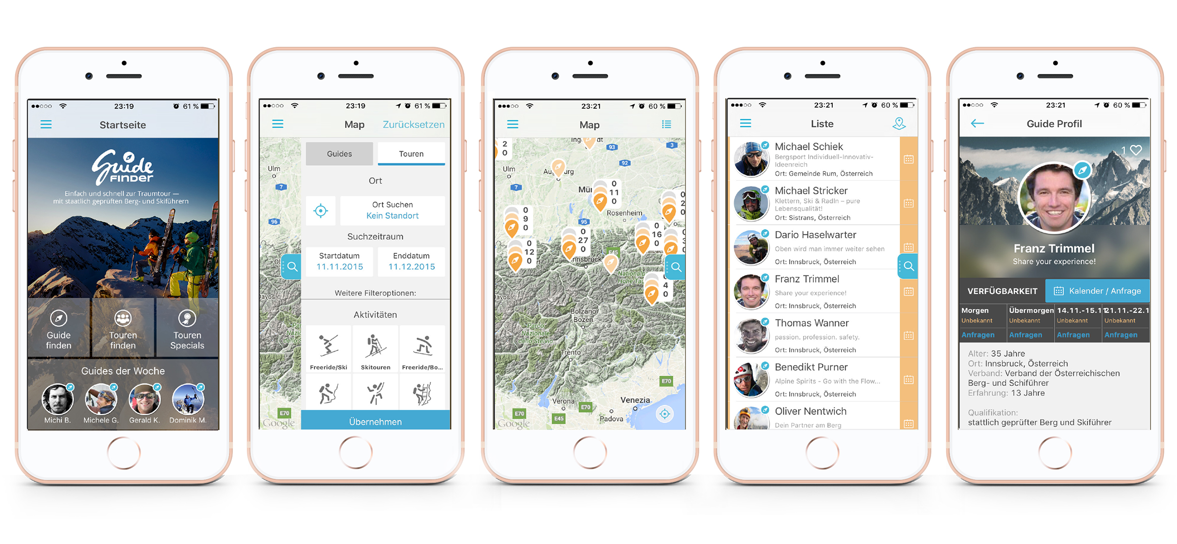 Guidefinder App fünf Mobile Mockups